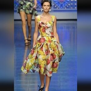 Dolce & Gabbana Yellow and Red Onion Floral Midi Dress